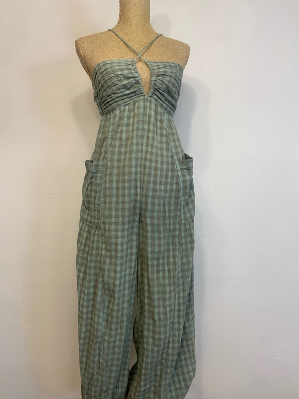 Free People Plaid Halter Jumpsuit with Balloon Style Pants Lightweight - Picture 2 of 12